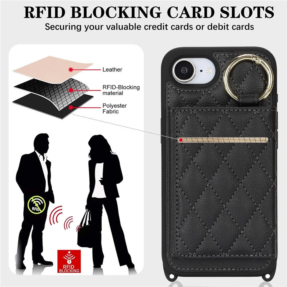 For iPhone 17e / 16e Case with Lanyard  /  Mirror  /  Card Holder Grids Pattern RFID Blocking Phone Cover - Black - 6