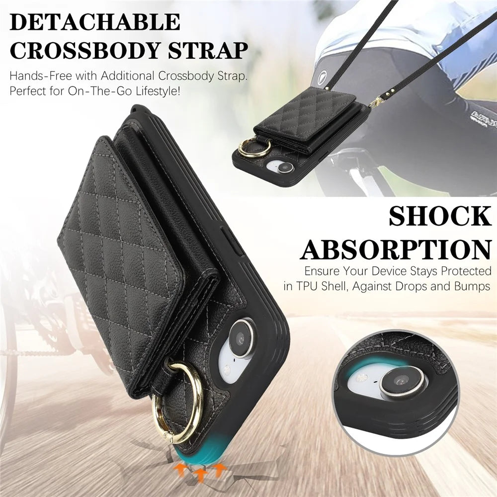 For iPhone 17e / 16e Case with Lanyard  /  Mirror  /  Card Holder Grids Pattern RFID Blocking Phone Cover - Black - 7