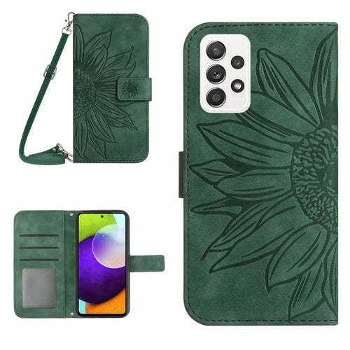 Anti-fall Phone Cover For Samsung Galaxy A52 5G / A52 4G / A52s 5G HT04 Skin-touch PU Leather Imprinted Sunflower Stand Wallet Case with Shoulder Strap - Dark Green - 1