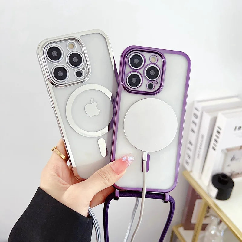For iPhone 14 Pro Max Case Compatible with MagSafe Electroplating Edge TPU Phone Cover with Shoulder Strap - Purple - 3