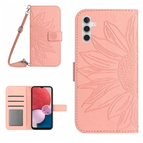 For Samsung Galaxy A13 5G / A04s 4G (164.7mm) PU Leather Imprinted Sunflower Stand Wallet Phone Case with Shoulder Strap - Light Pink - 1