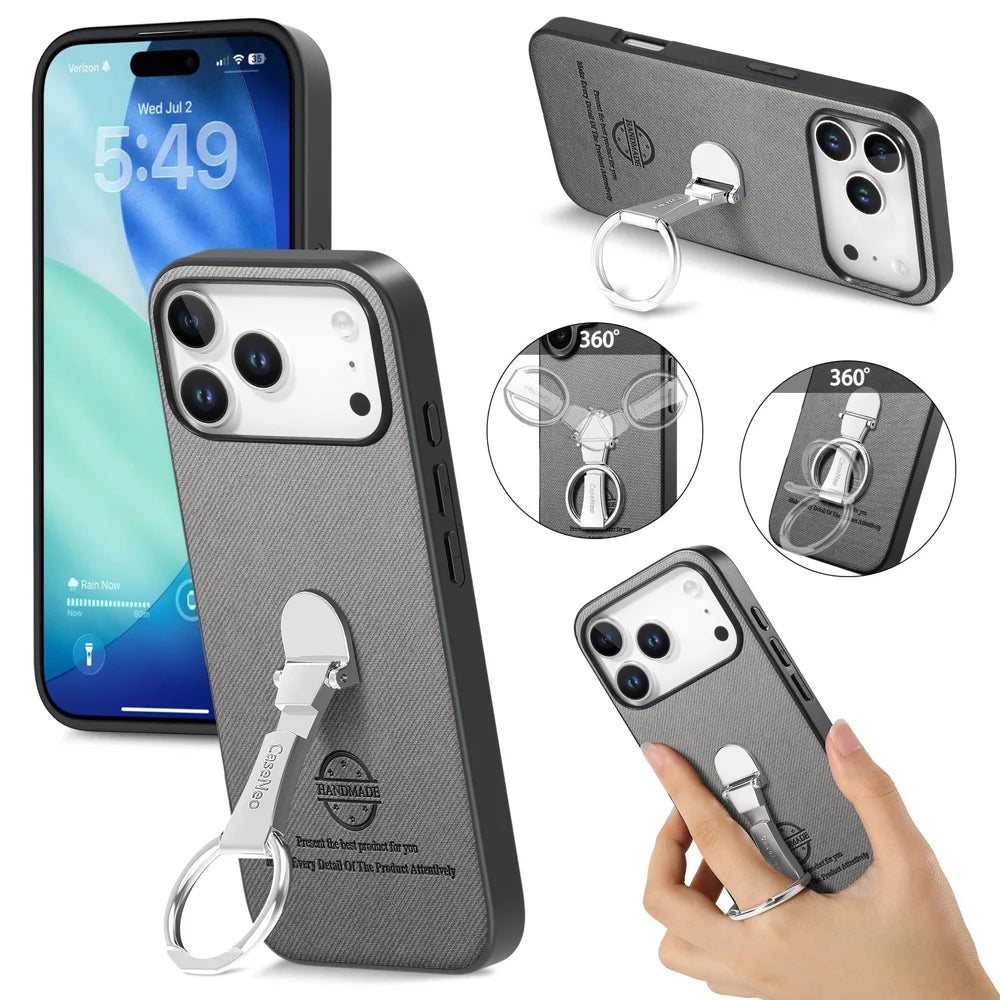CASENEO For iPhone 17 Pro Case Folding Kickstand Twill Texture Leather Back Cover - Grey - 1