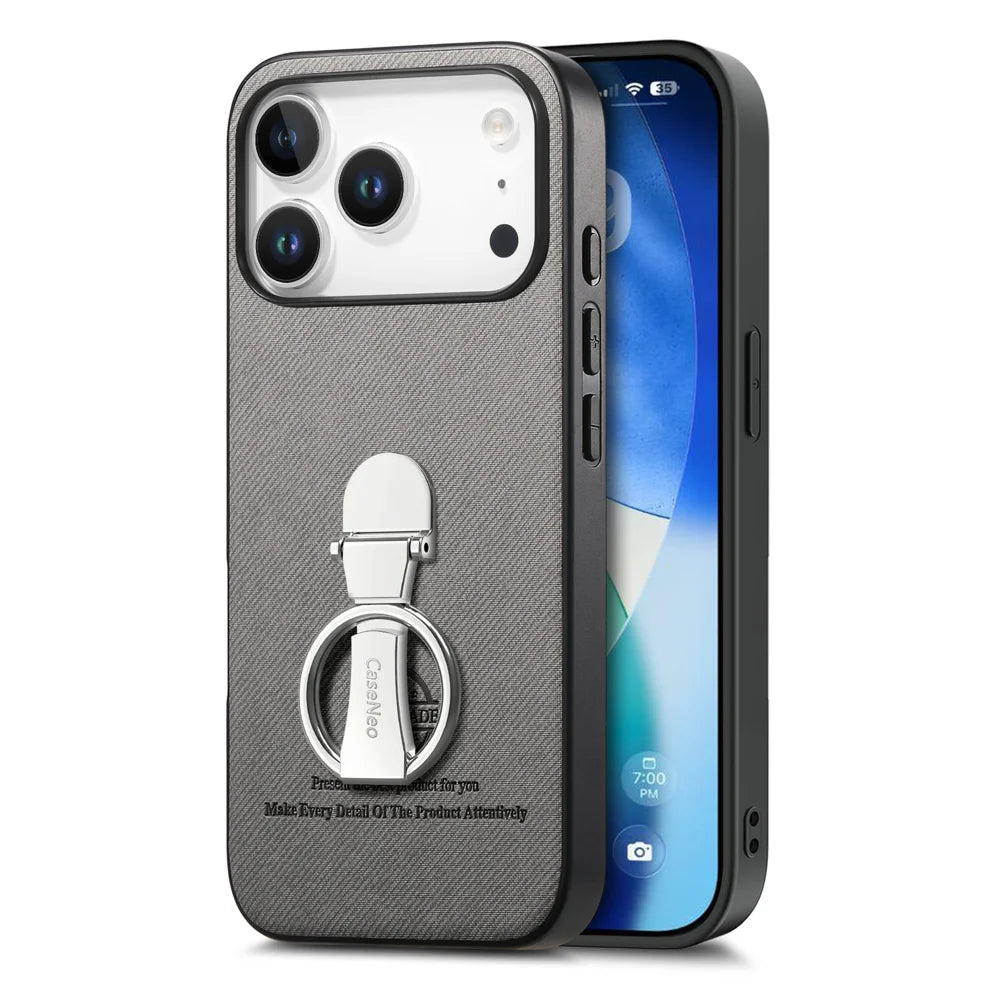 CASENEO For iPhone 17 Pro Case Folding Kickstand Twill Texture Leather Back Cover - Grey - 2