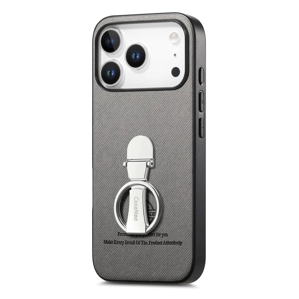 CASENEO For iPhone 17 Pro Case Folding Kickstand Twill Texture Leather Back Cover - Grey - 3
