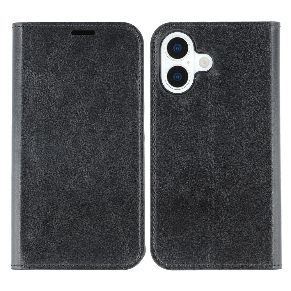 For iPhone 16 Stand Cases Genuine Split Leather Wallet Phone Cover Magnetic Closure - 1