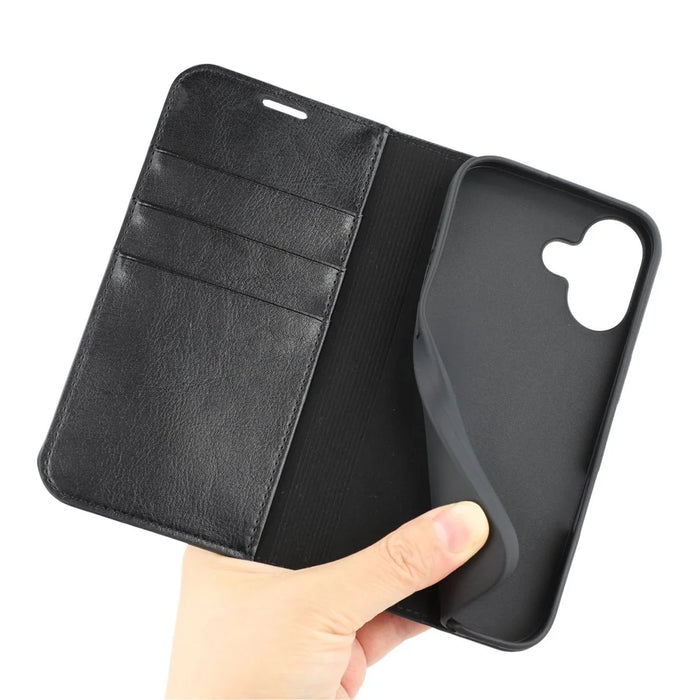 For iPhone 16 Stand Cases Genuine Split Leather Wallet Phone Cover Magnetic Closure - 4