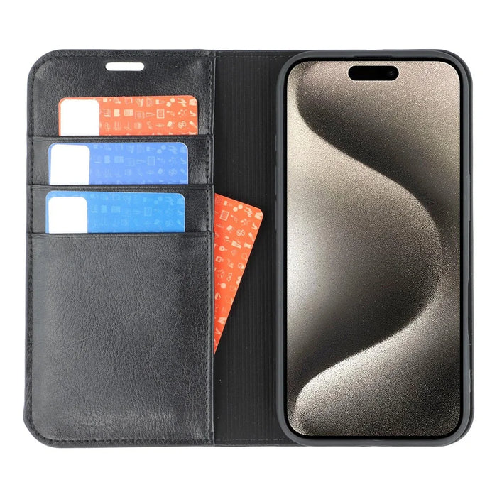 For iPhone 15 Stand Cases Genuine Split Leather Wallet Phone Cover Magnetic Closure - 2