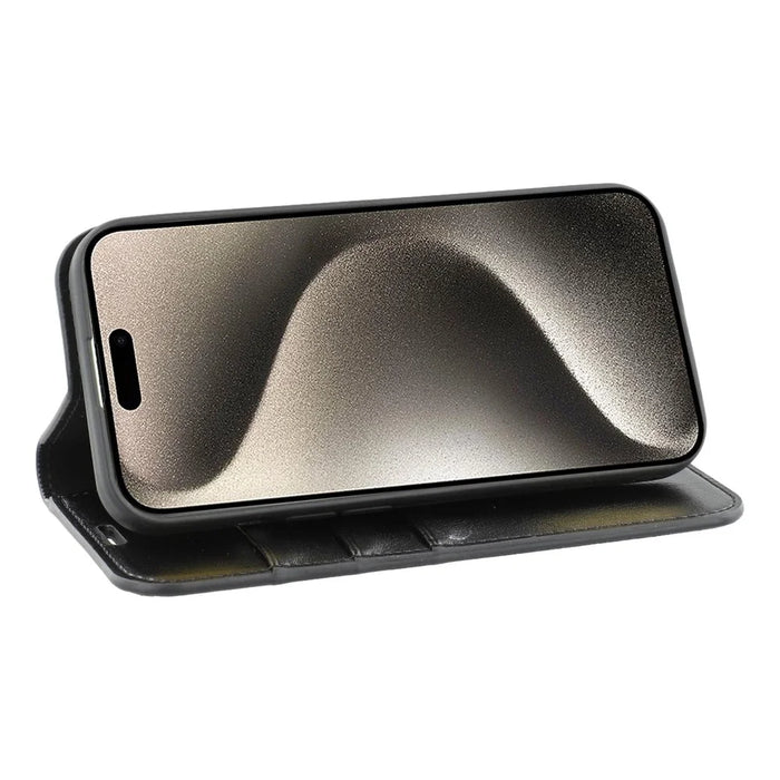For iPhone 15 Stand Cases Genuine Split Leather Wallet Phone Cover Magnetic Closure - 3