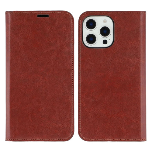 For iPhone 16 Pro Stand Cases Genuine Split Leather Wallet Phone Cover Magnetic Closure - Brown - 1