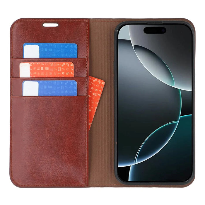 For iPhone 16 Pro Stand Cases Genuine Split Leather Wallet Phone Cover Magnetic Closure - Brown - 2