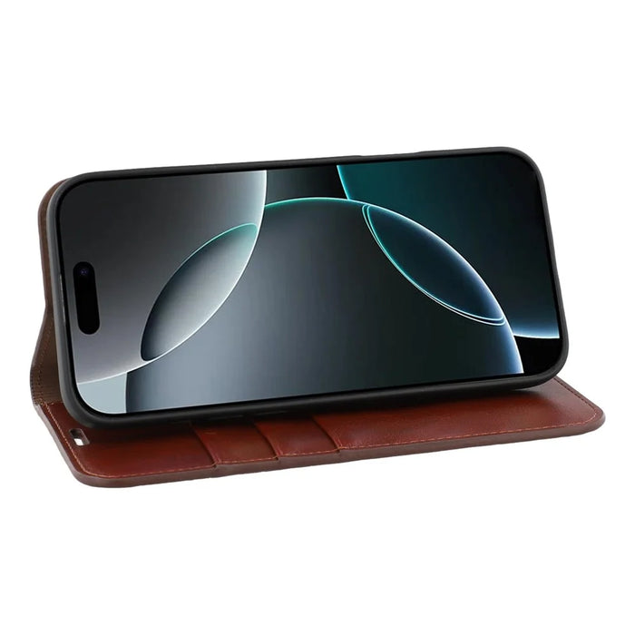 For iPhone 16 Pro Stand Cases Genuine Split Leather Wallet Phone Cover Magnetic Closure - Brown - 3