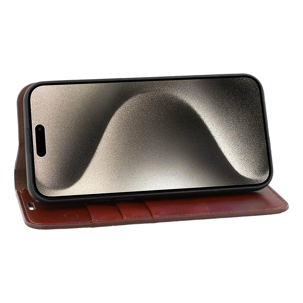 For iPhone 15 Pro Max Stand Cases Genuine Split Leather Wallet Phone Cover Magnetic Closure - Brown - 3