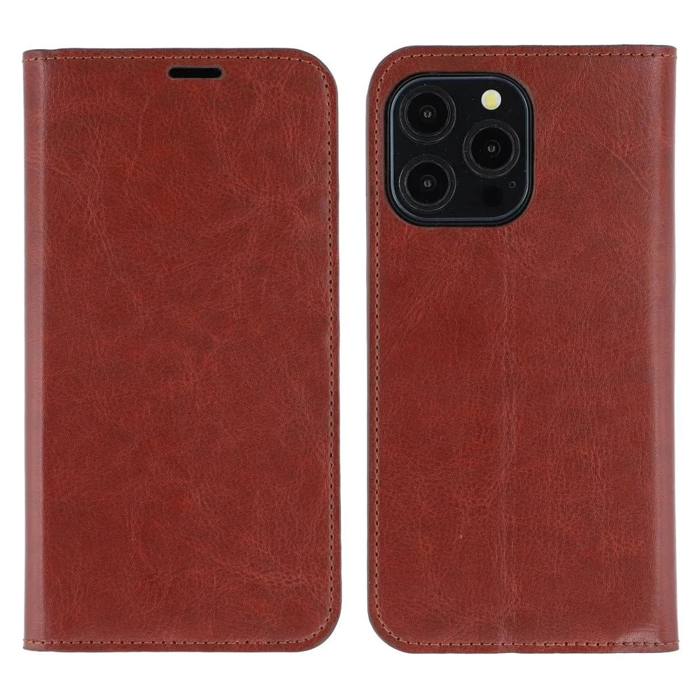 For iPhone 15 Pro Stand Cases Genuine Split Leather Wallet Phone Cover Magnetic Closure - Brown - 1