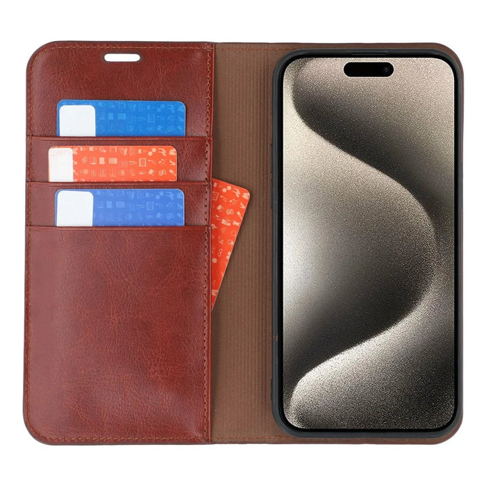 For iPhone 15 Pro Stand Cases Genuine Split Leather Wallet Phone Cover Magnetic Closure - Brown - 2