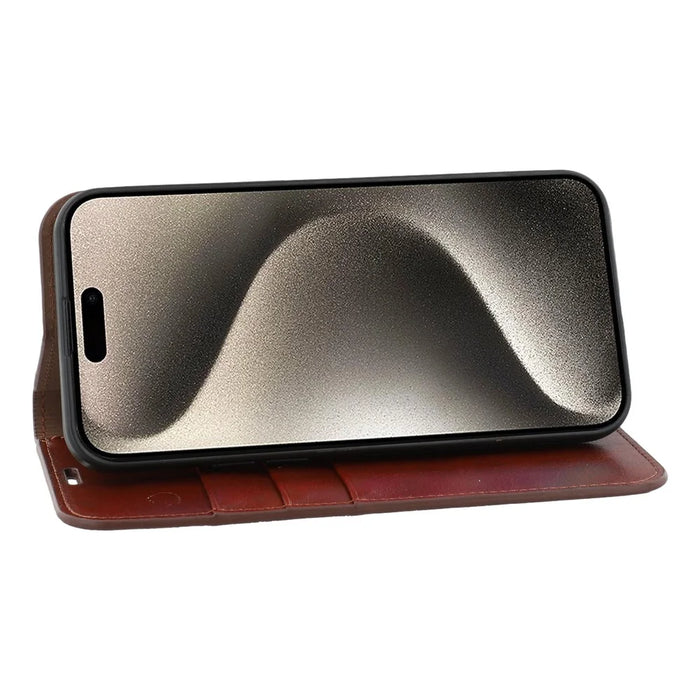 For iPhone 15 Pro Stand Cases Genuine Split Leather Wallet Phone Cover Magnetic Closure - Brown - 3