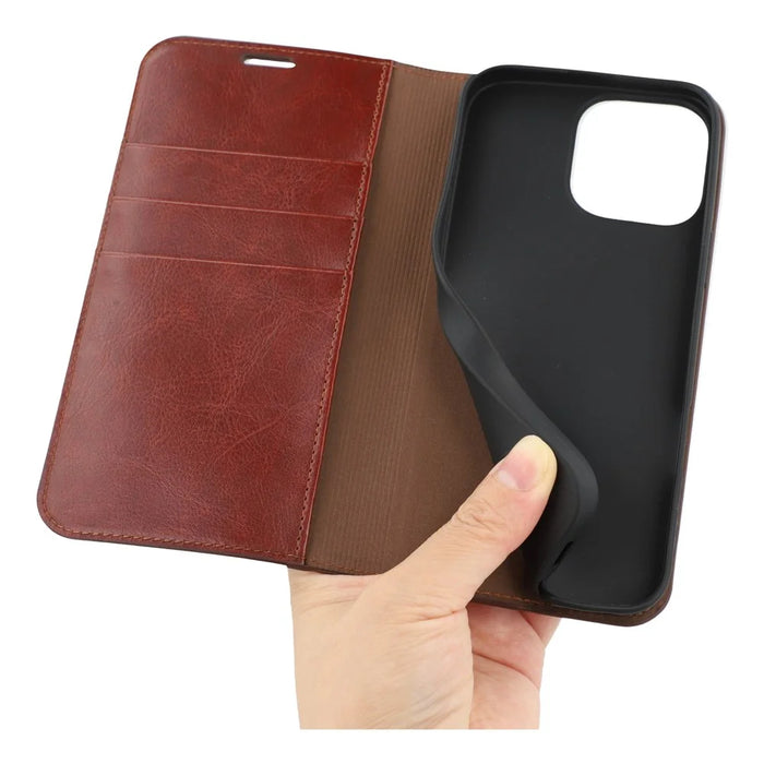 For iPhone 15 Pro Stand Cases Genuine Split Leather Wallet Phone Cover Magnetic Closure - Brown - 4