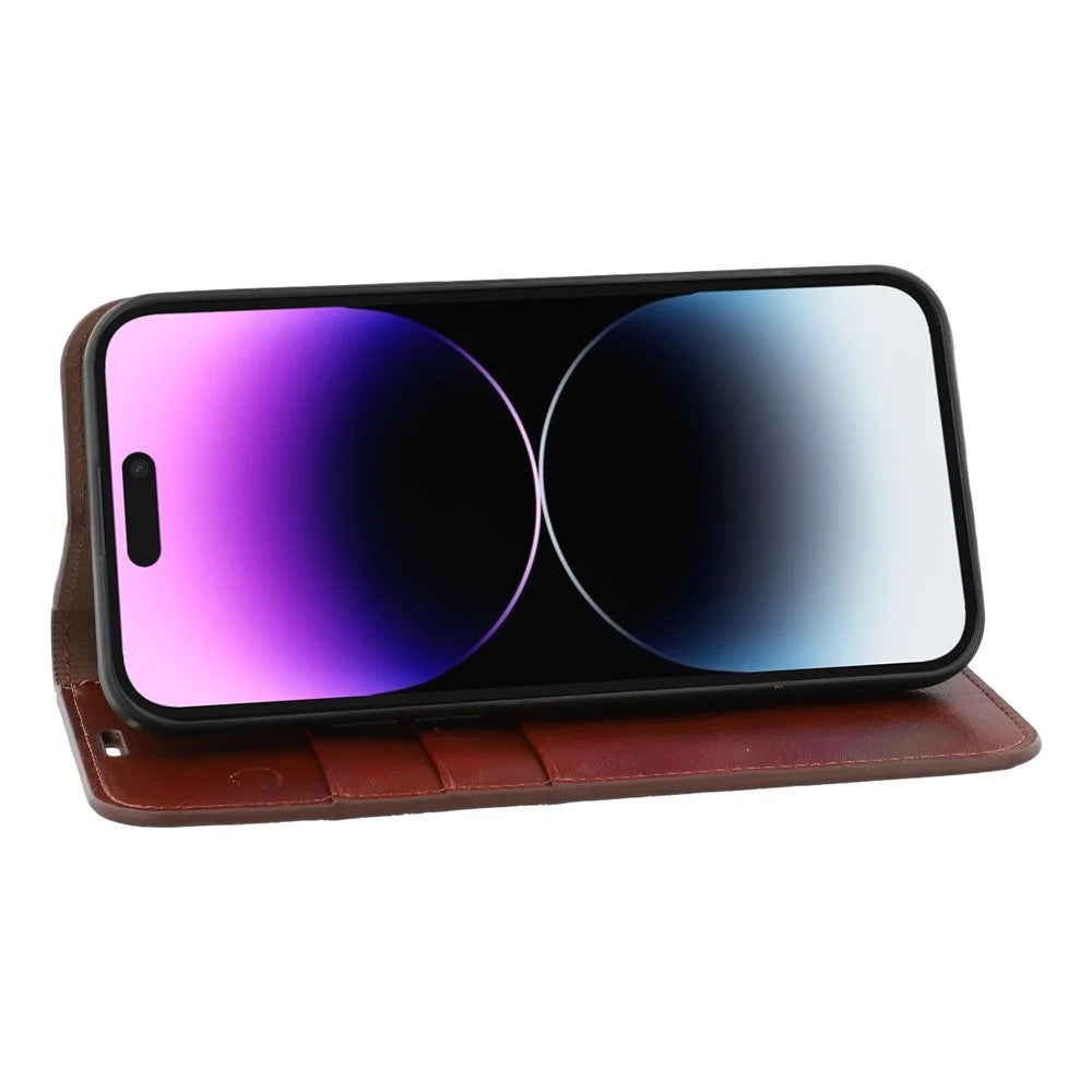For iPhone 14 Pro Max Stand Cases Genuine Split Leather Wallet Phone Cover Magnetic Closure - Brown - 3