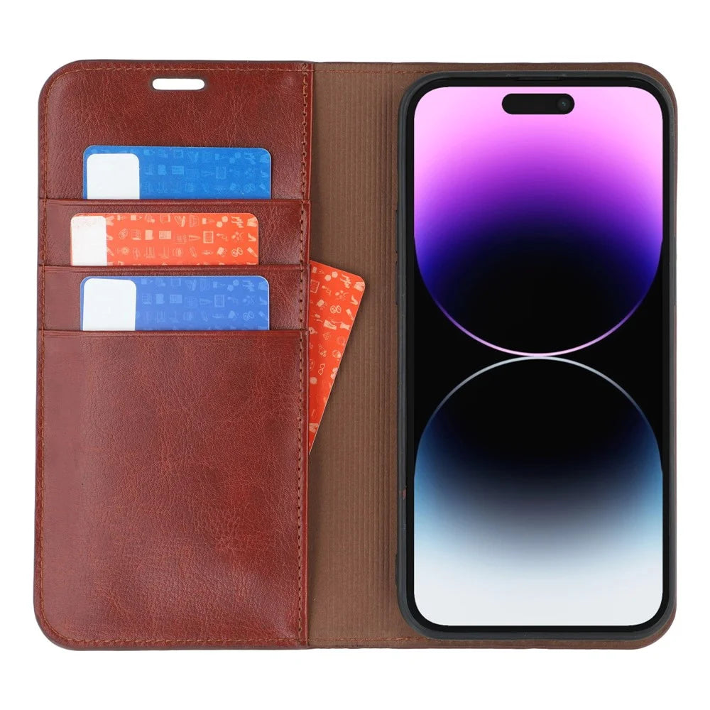For iPhone 14 Pro Stand Cases Genuine Split Leather Wallet Phone Cover Magnetic Closure - Brown - 2