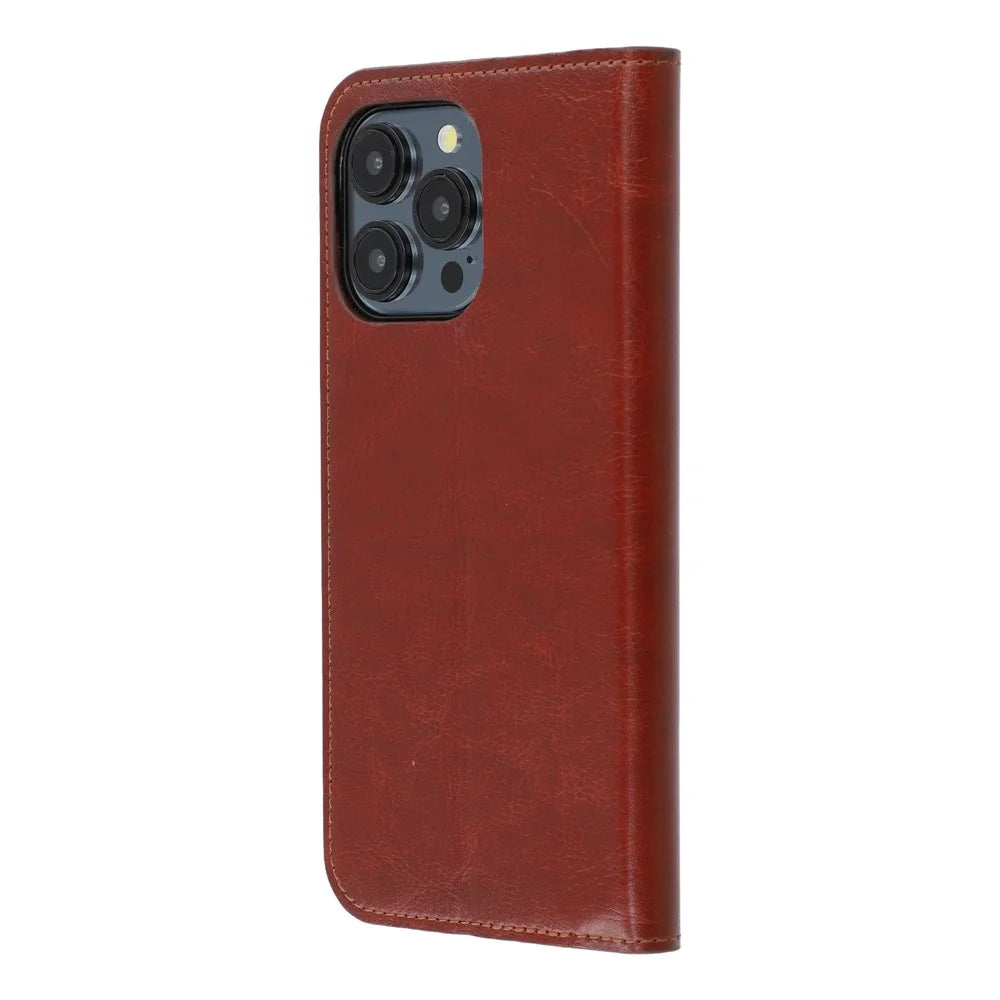 For iPhone 14 Pro Stand Cases Genuine Split Leather Wallet Phone Cover Magnetic Closure - Brown - 6