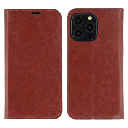 For iPhone 13 Pro Stand Cases Genuine Split Leather Wallet Phone Cover Magnetic Closure - Brown - 1