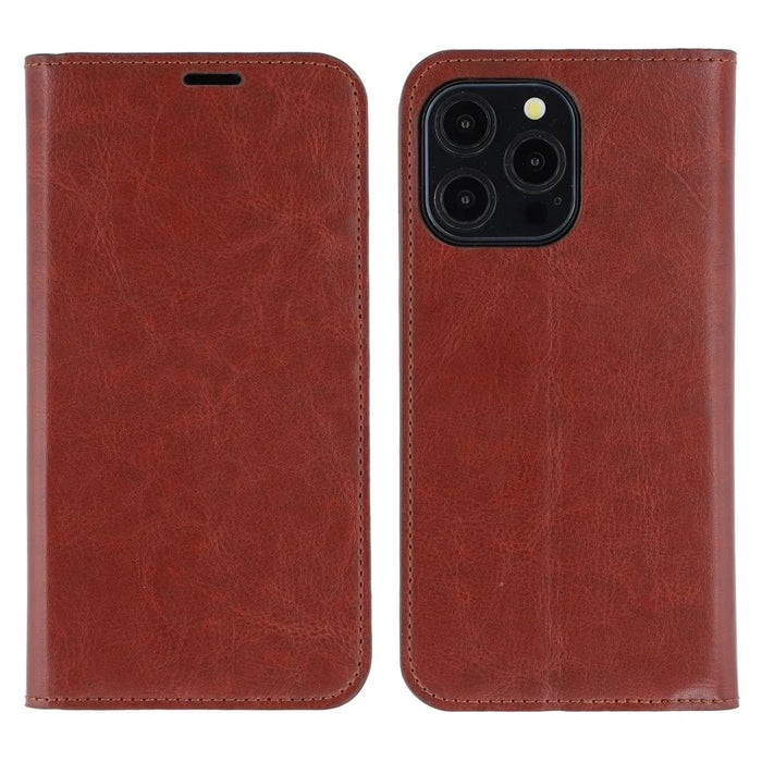 For iPhone 13 Pro Stand Cases Genuine Split Leather Wallet Phone Cover Magnetic Closure - Brown - 1