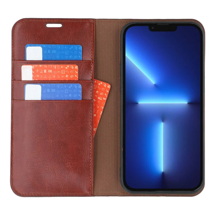 For iPhone 13 Pro Stand Cases Genuine Split Leather Wallet Phone Cover Magnetic Closure - Brown - 2
