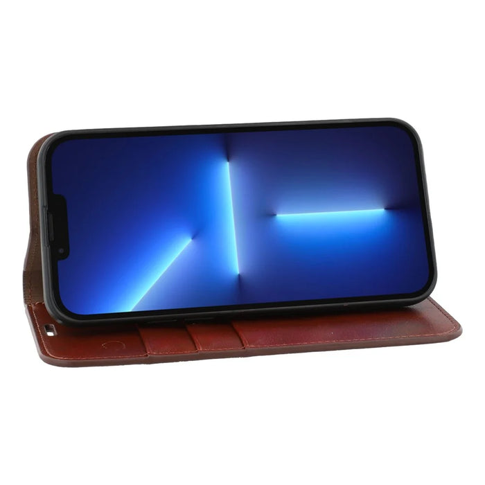 For iPhone 13 Pro Stand Cases Genuine Split Leather Wallet Phone Cover Magnetic Closure - Brown - 3