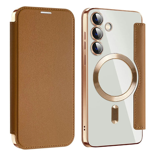 AMORUS For Samsung Galaxy S24 Magnetic Case RFID Blocking Card Holder Leather Phone Cover - Brown - 1