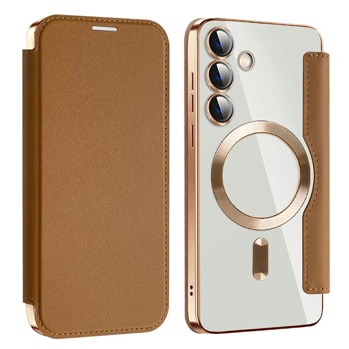 AMORUS For Samsung Galaxy S24 Magnetic Case RFID Blocking Card Holder Leather Phone Cover - Brown - 1