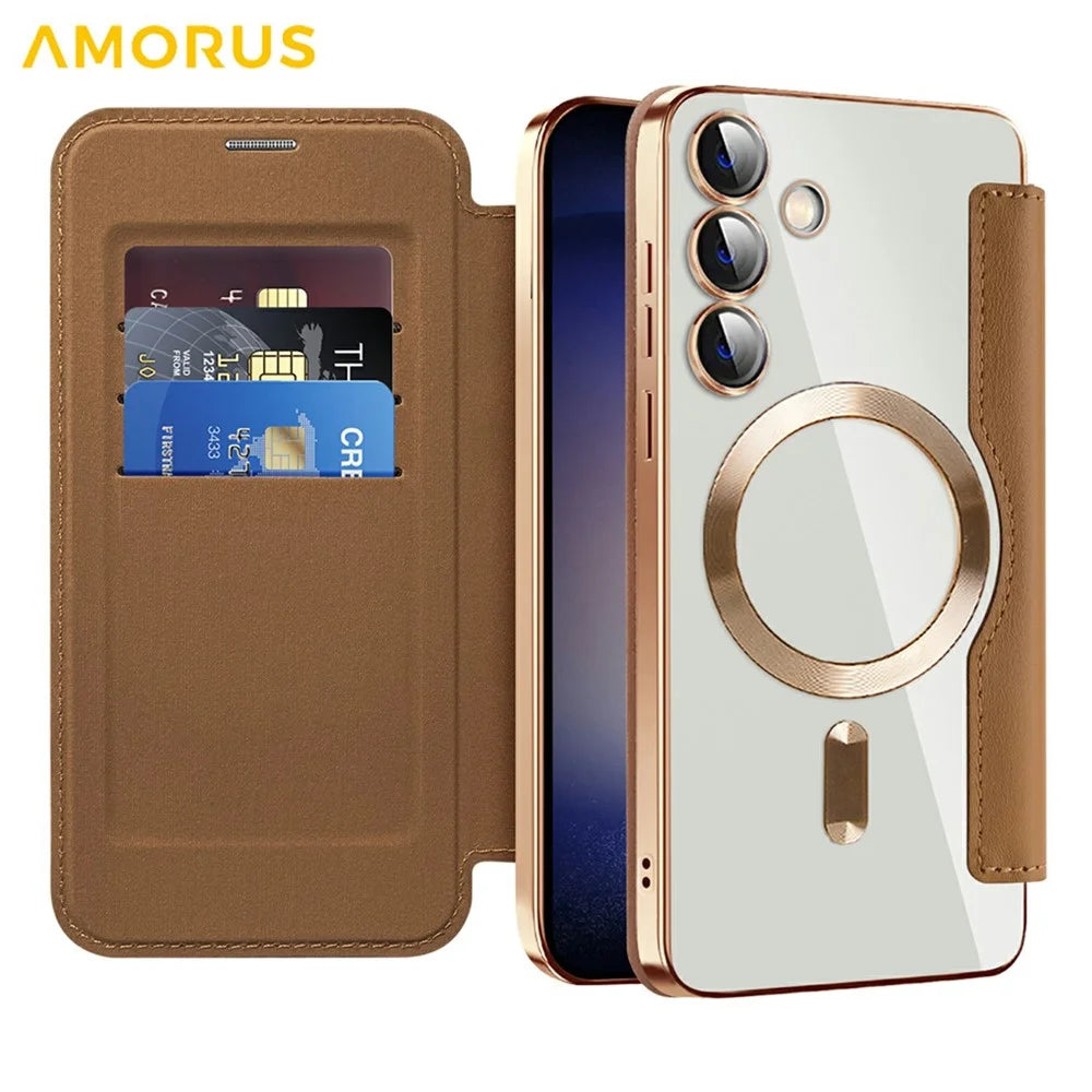 AMORUS For Samsung Galaxy S24 Magnetic Case RFID Blocking Card Holder Leather Phone Cover - Brown - 2