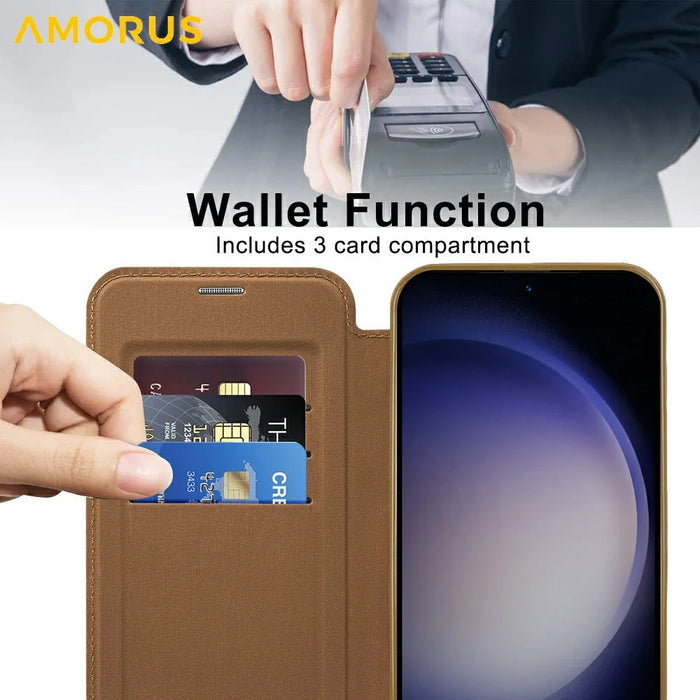 AMORUS For Samsung Galaxy S24 Magnetic Case RFID Blocking Card Holder Leather Phone Cover - Brown - 3