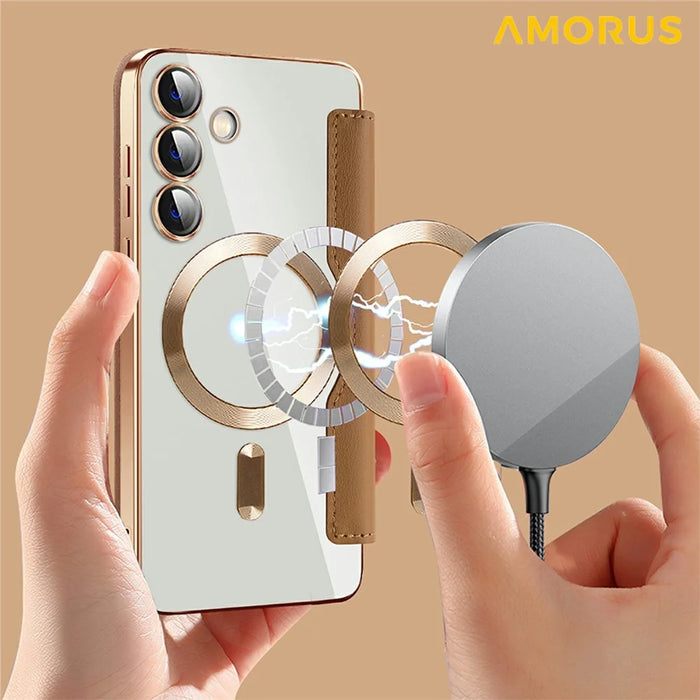 AMORUS For Samsung Galaxy S24 Magnetic Case RFID Blocking Card Holder Leather Phone Cover - Brown - 4
