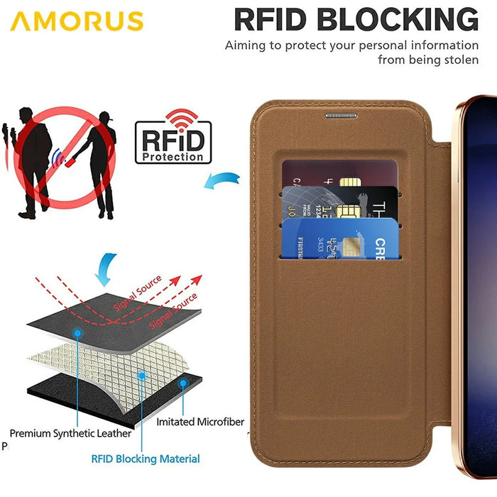 AMORUS For Samsung Galaxy S24 Magnetic Case RFID Blocking Card Holder Leather Phone Cover - Brown - 5