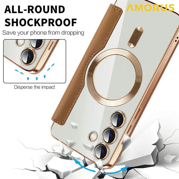 AMORUS For Samsung Galaxy S24 Magnetic Case RFID Blocking Card Holder Leather Phone Cover - Brown - 6
