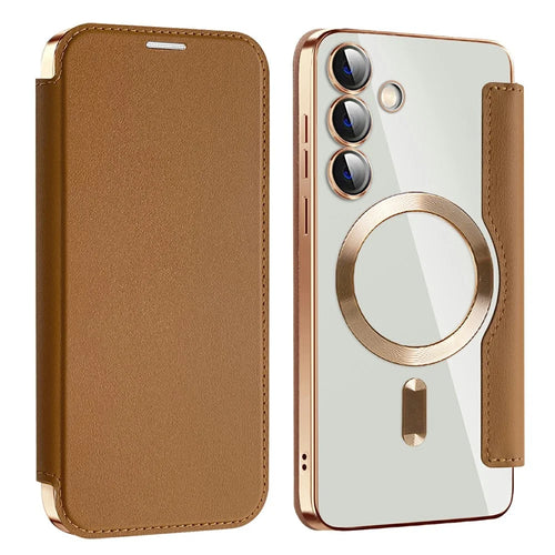 AMORUS For Samsung Galaxy S24+ Magnetic Case RFID Blocking Card Holder Leather Phone Cover - Brown - 1
