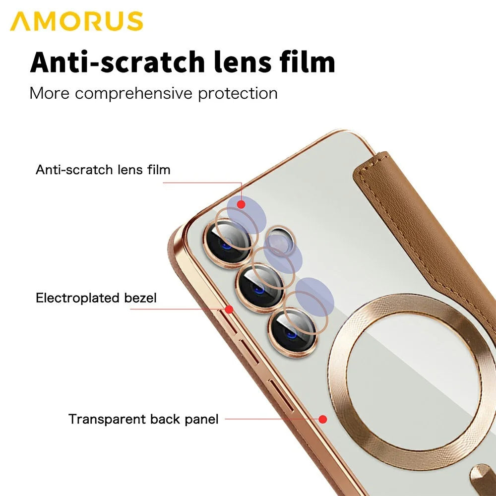 AMORUS For Samsung Galaxy S24+ Magnetic Case RFID Blocking Card Holder Leather Phone Cover - Brown - 7