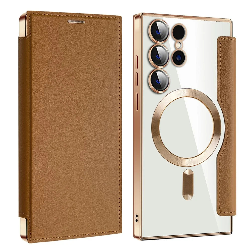 AMORUS For Samsung Galaxy S24 Ultra Magnetic Case RFID Blocking Card Holder Leather Phone Cover - Brown - 1
