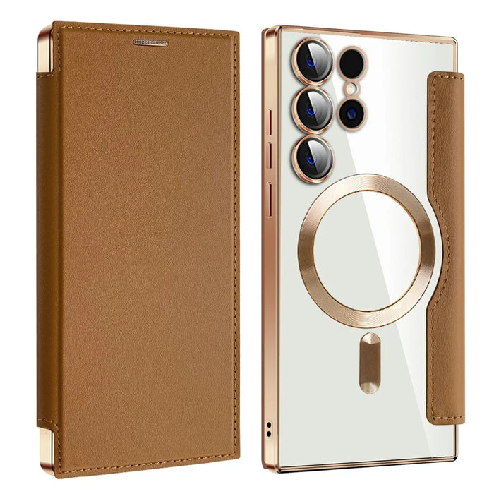 AMORUS For Samsung Galaxy S24 Ultra Magnetic Case RFID Blocking Card Holder Leather Phone Cover - Brown - 1