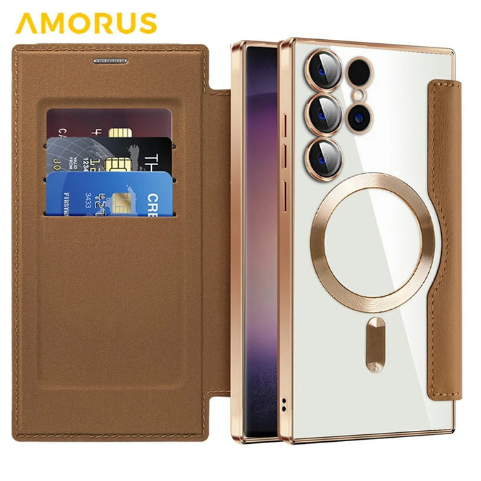 AMORUS For Samsung Galaxy S24 Ultra Magnetic Case RFID Blocking Card Holder Leather Phone Cover - Brown - 2