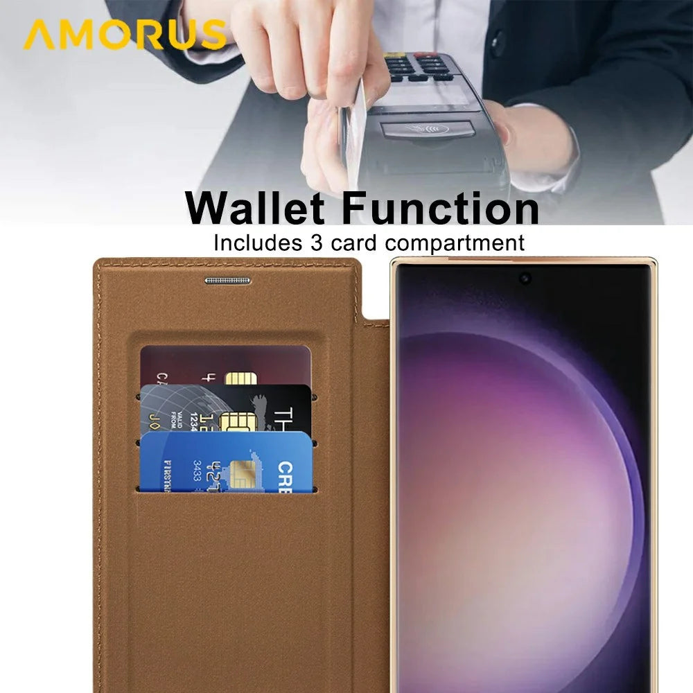 AMORUS For Samsung Galaxy S24 Ultra Magnetic Case RFID Blocking Card Holder Leather Phone Cover - Brown - 3