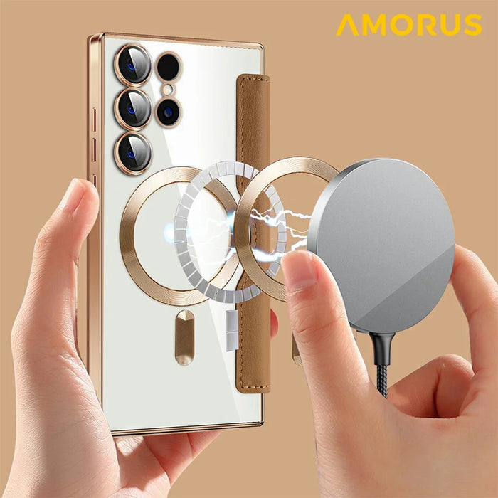 AMORUS For Samsung Galaxy S24 Ultra Magnetic Case RFID Blocking Card Holder Leather Phone Cover - Brown - 4