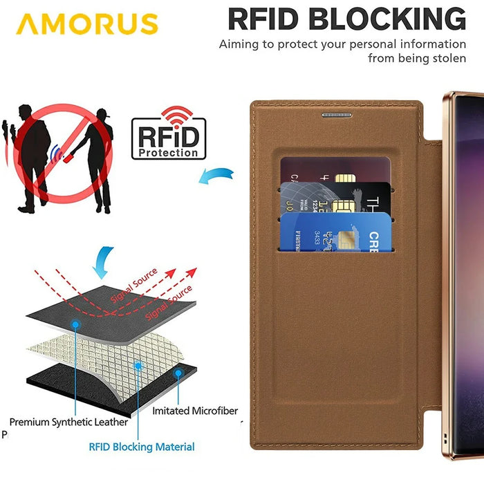 AMORUS For Samsung Galaxy S24 Ultra Magnetic Case RFID Blocking Card Holder Leather Phone Cover - Brown - 5