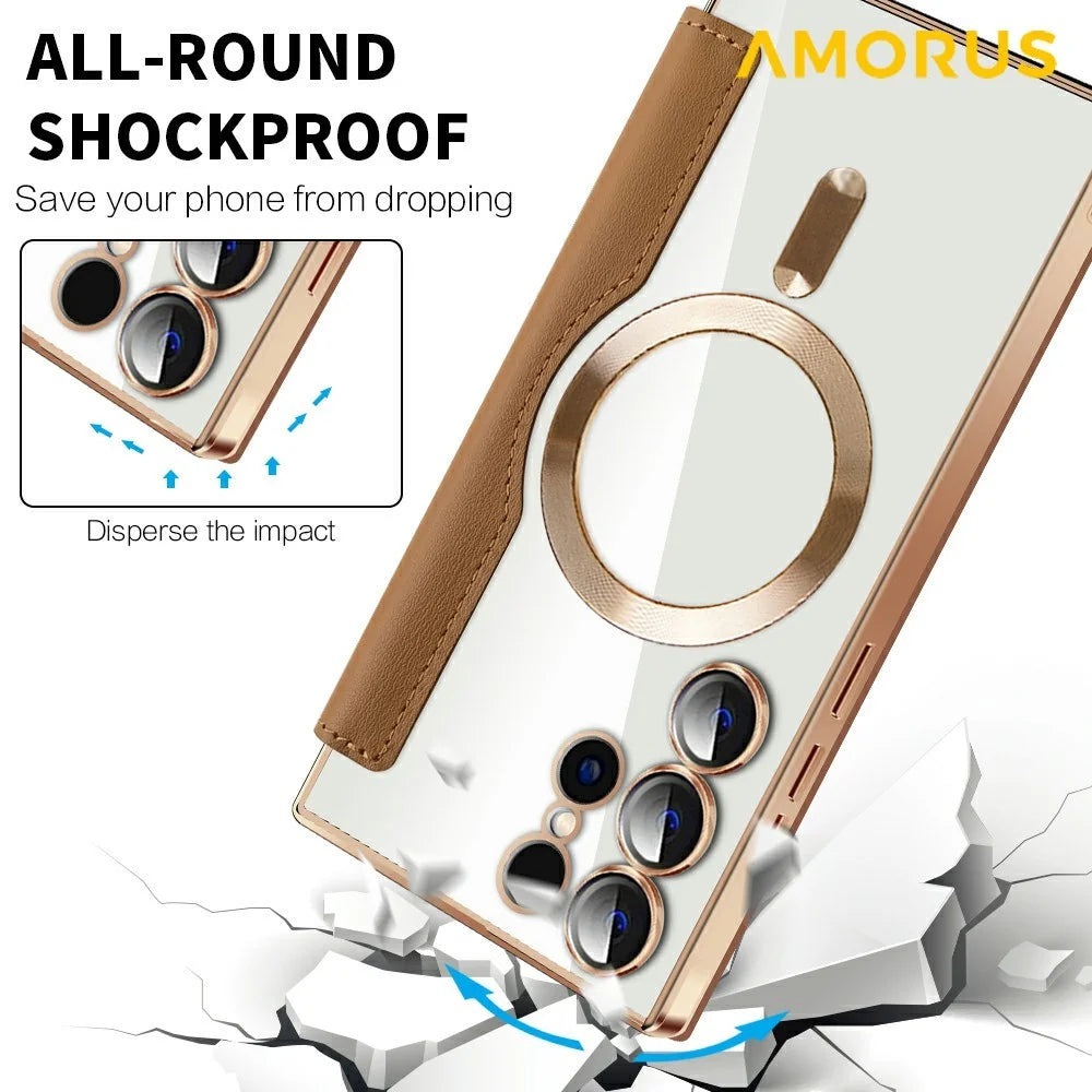 AMORUS For Samsung Galaxy S24 Ultra Magnetic Case RFID Blocking Card Holder Leather Phone Cover - Brown - 6
