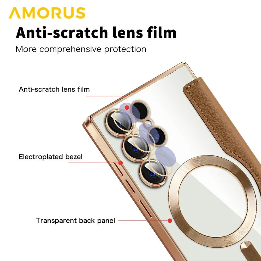 AMORUS For Samsung Galaxy S24 Ultra Magnetic Case RFID Blocking Card Holder Leather Phone Cover - Brown - 7