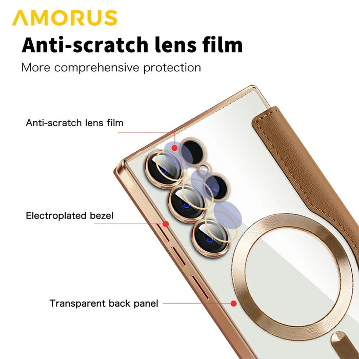 AMORUS For Samsung Galaxy S24 Ultra Magnetic Case RFID Blocking Card Holder Leather Phone Cover - Brown - 7