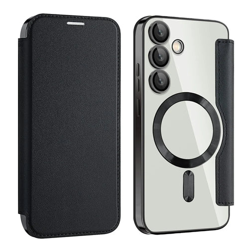 AMORUS For Samsung Galaxy S24 FE Magnetic Case RFID Blocking Card Holder Leather Phone Cover - Black - 1