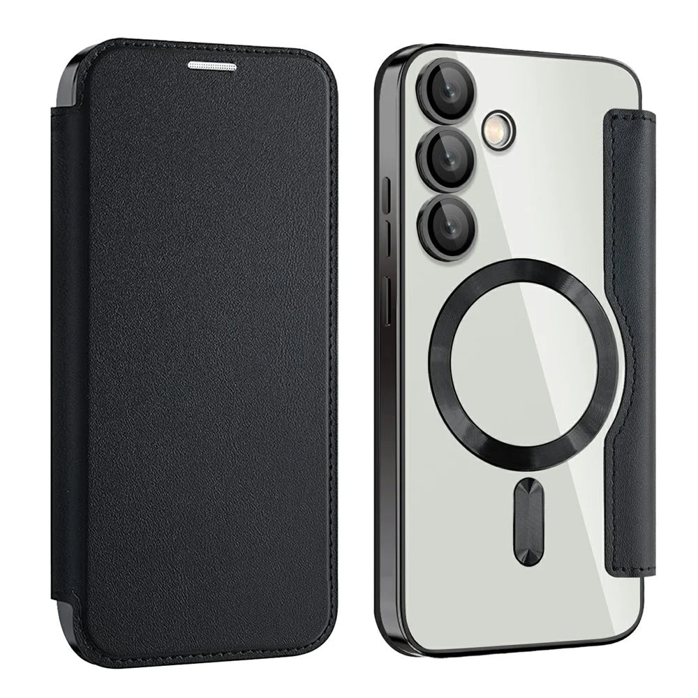 AMORUS For Samsung Galaxy S24 FE Magnetic Case RFID Blocking Card Holder Leather Phone Cover - Black - 1