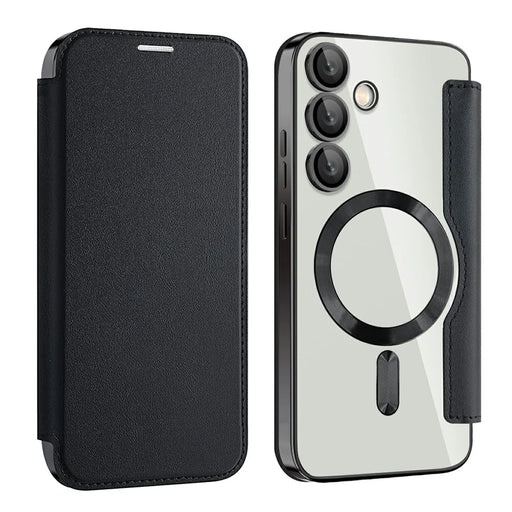AMORUS For Samsung Galaxy S24 FE Magnetic Case RFID Blocking Card Holder Leather Phone Cover - Black - 1