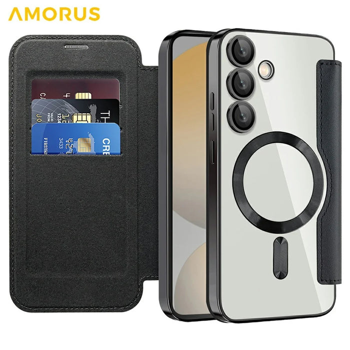 AMORUS For Samsung Galaxy S24 FE Magnetic Case RFID Blocking Card Holder Leather Phone Cover - Black - 2