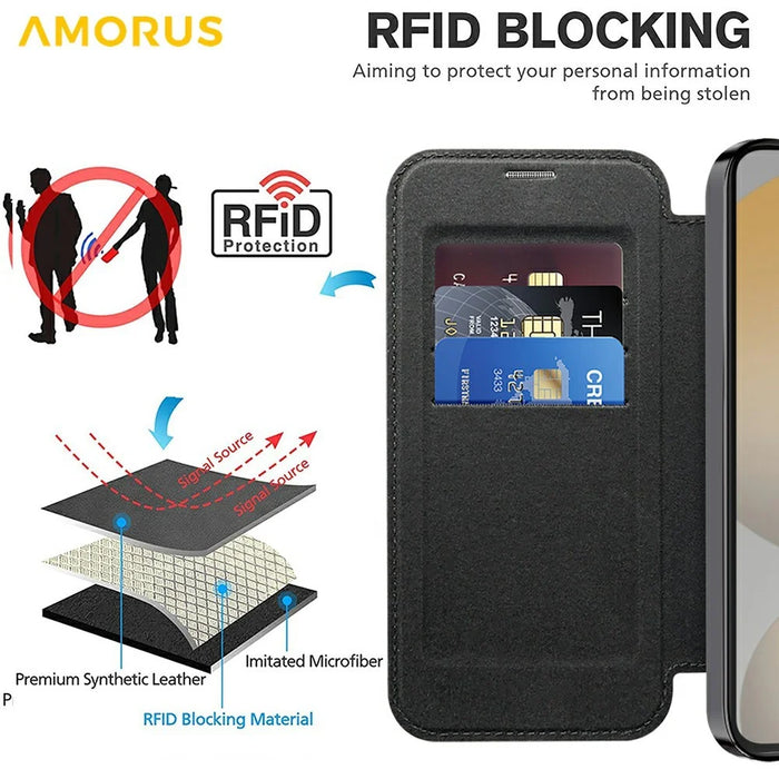 AMORUS For Samsung Galaxy S24 FE Magnetic Case RFID Blocking Card Holder Leather Phone Cover - Black - 3